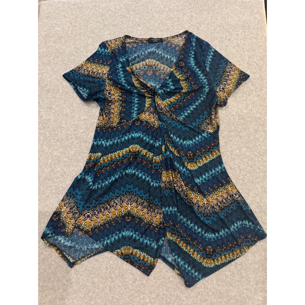 Made By Johnny Womens XXXL Teal Chevron Tribal Twist Front Tunic Top Y2K USA - Picture 2 of 9